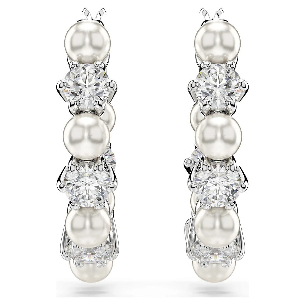 Matrix hoop earrings, Crystal pearl, Round cut, White, Rhodium plated by SWAROVSKI