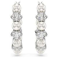 Matrix hoop earrings, Crystal pearl, Round cut, White, Rhodium plated by SWAROVSKI