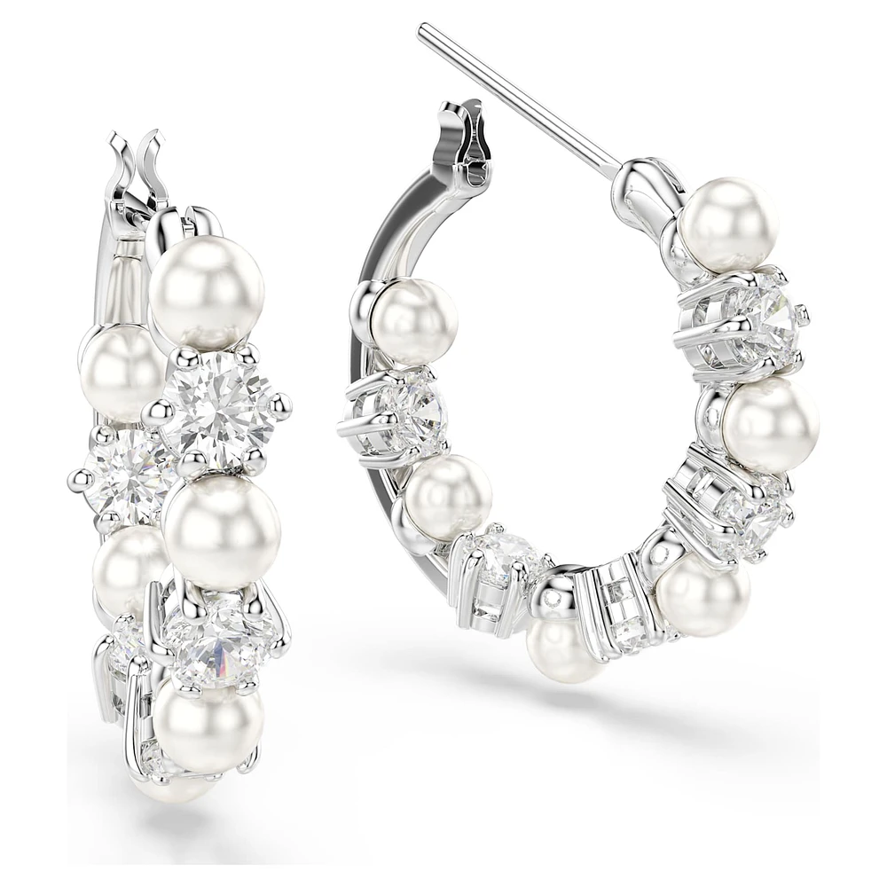 Matrix hoop earrings, Crystal pearl, Round cut, White, Rhodium plated by SWAROVSKI