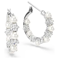 Matrix hoop earrings, Crystal pearl, Round cut, White, Rhodium plated by SWAROVSKI