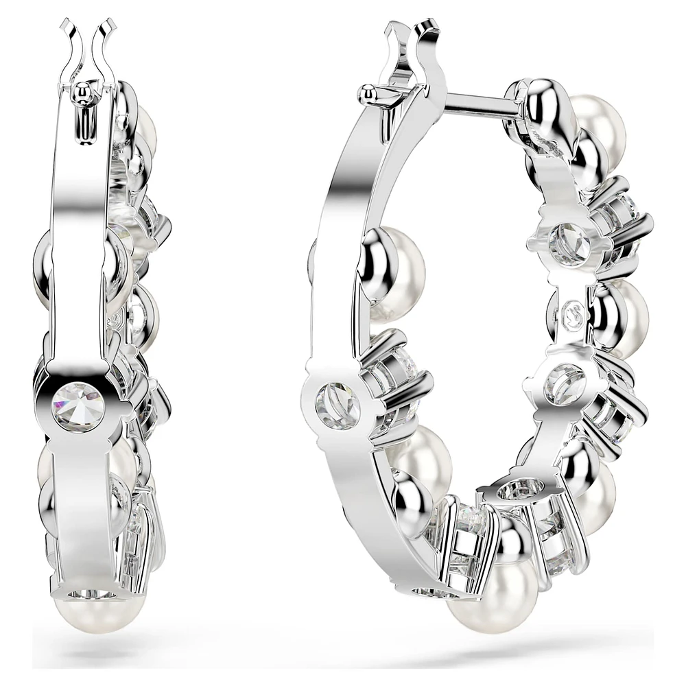 Matrix hoop earrings, Crystal pearl, Round cut, White, Rhodium plated by SWAROVSKI