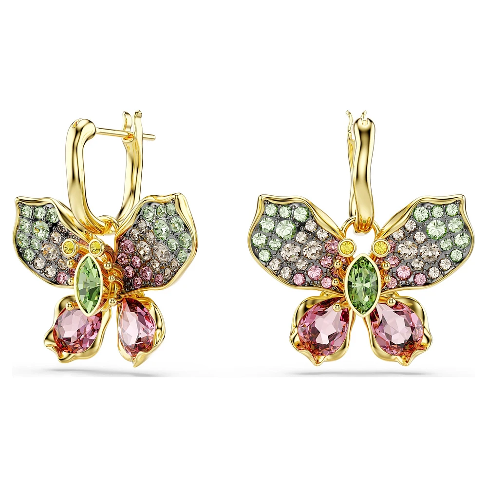 Idyllia drop earrings, Mixed cuts, Pavé, Butterfly, Multicoloured, Gold-tone plated by SWAROVSKI