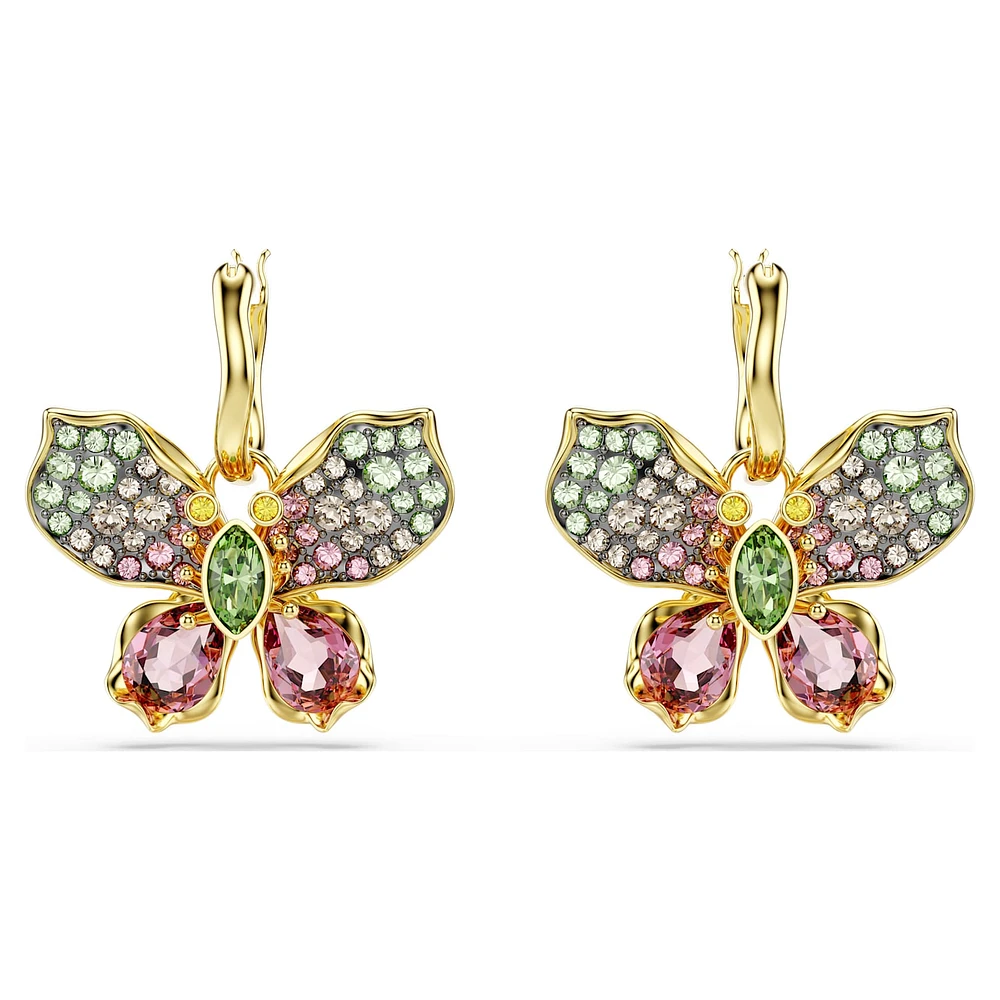 Idyllia drop earrings, Mixed cuts, Pavé, Butterfly, Multicoloured, Gold-tone plated by SWAROVSKI