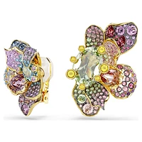Idyllia clip earrings, Asymmetrical design, Mixed cuts, Pavé, Flower, Multicolored, Gold-tone plated by SWAROVSKI