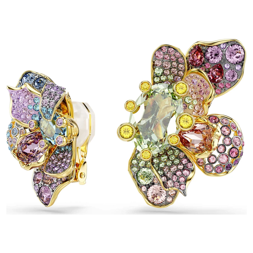 Idyllia clip earrings, Asymmetrical design, Mixed cuts, Pavé, Flower, Multicoloured, Gold-tone plated by SWAROVSKI