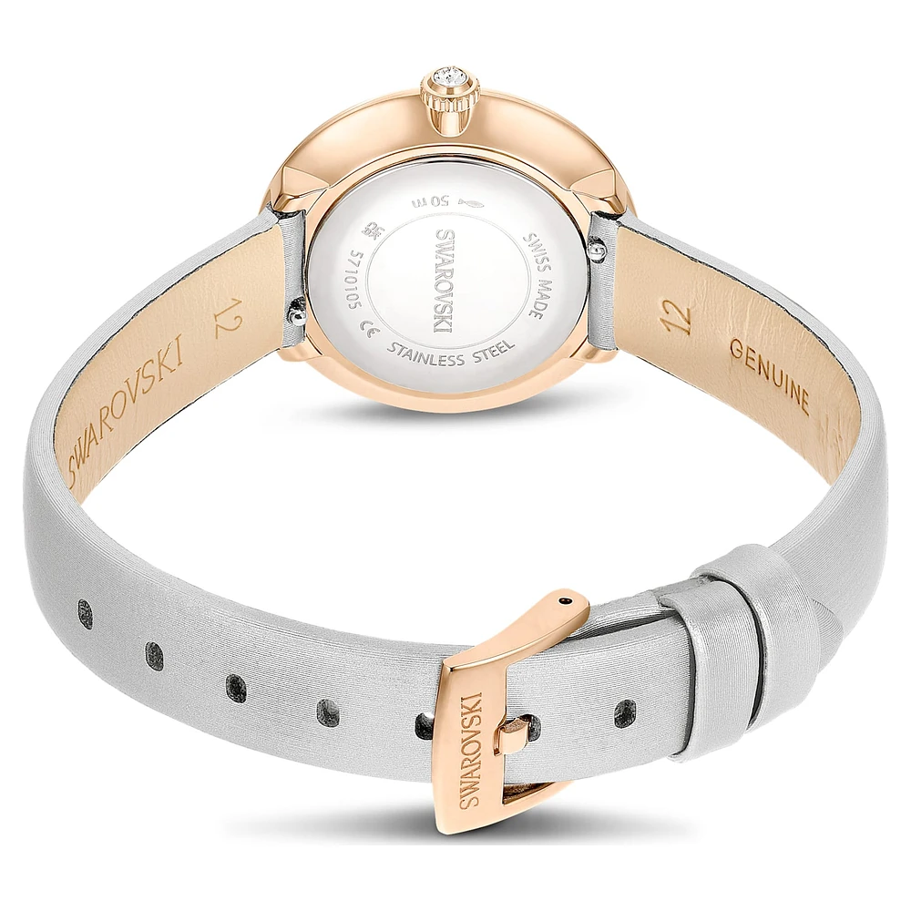Matrix Tennis watch, Swiss Made, Leather strap, Grey, Rose gold-tone finish by SWAROVSKI