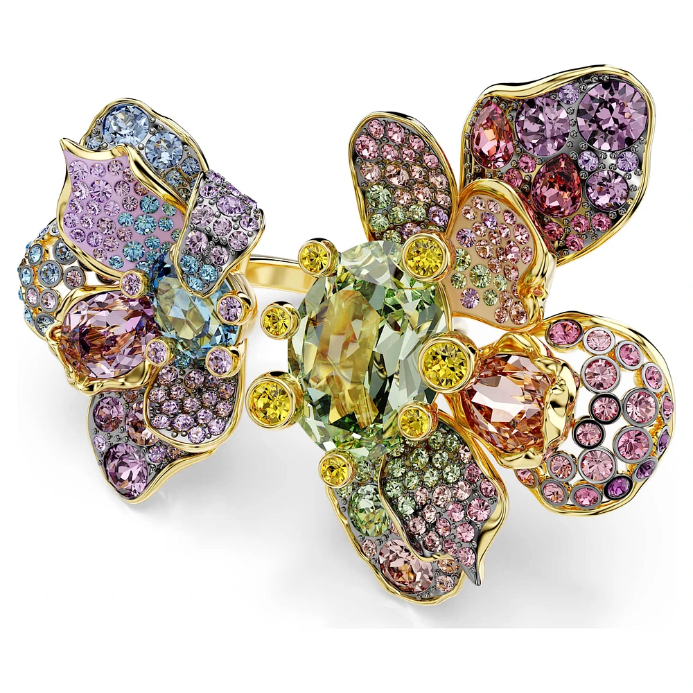 Idyllia ring, Mixed cuts, Pavé, Flower, Multicoloured, Gold-tone plated by SWAROVSKI