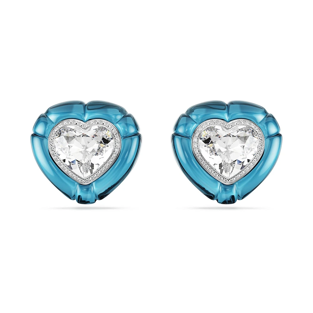 Dulcis clip earrings, Heart cut, Pavé, Heart, Blue, Rhodium plated by SWAROVSKI