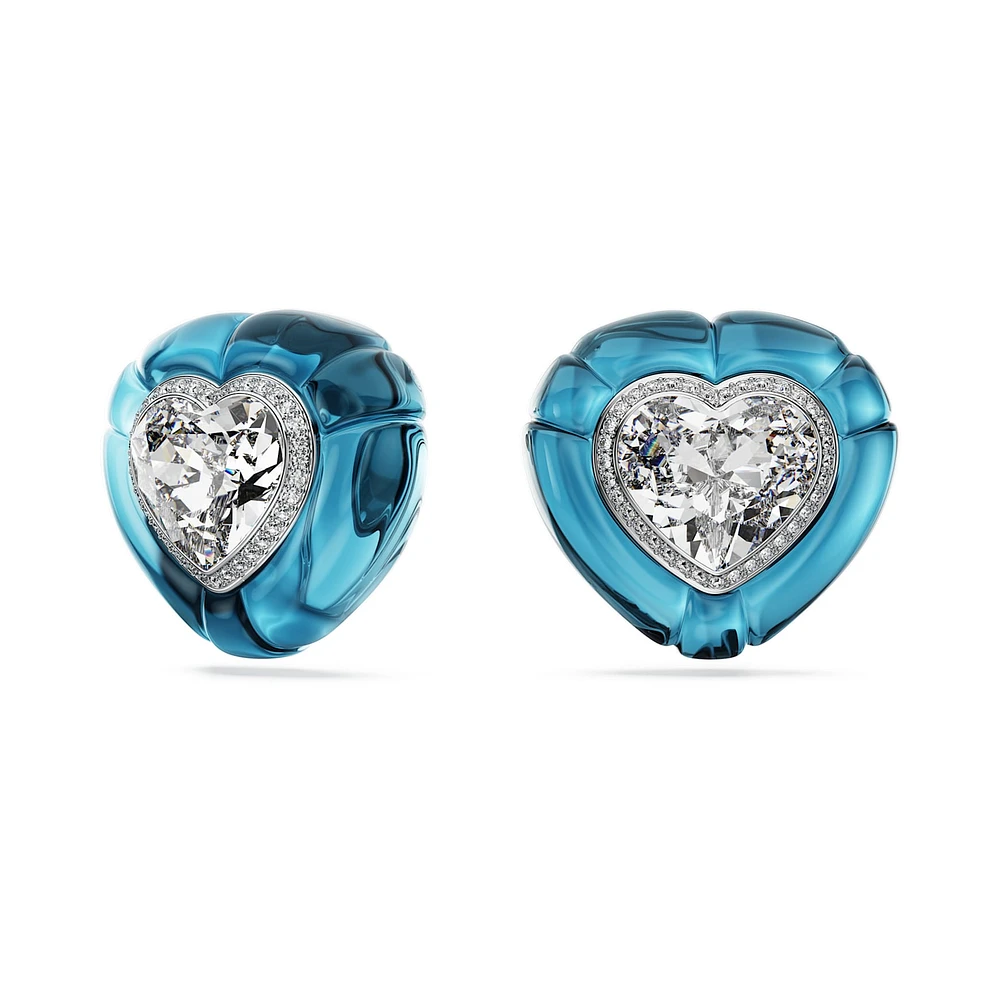 Dulcis clip earrings, Heart cut, Pavé, Heart, Blue, Rhodium plated by SWAROVSKI