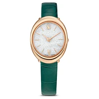 Imber oval watch, Swiss Made, Leather strap, Green, Rose gold-tone finish by SWAROVSKI