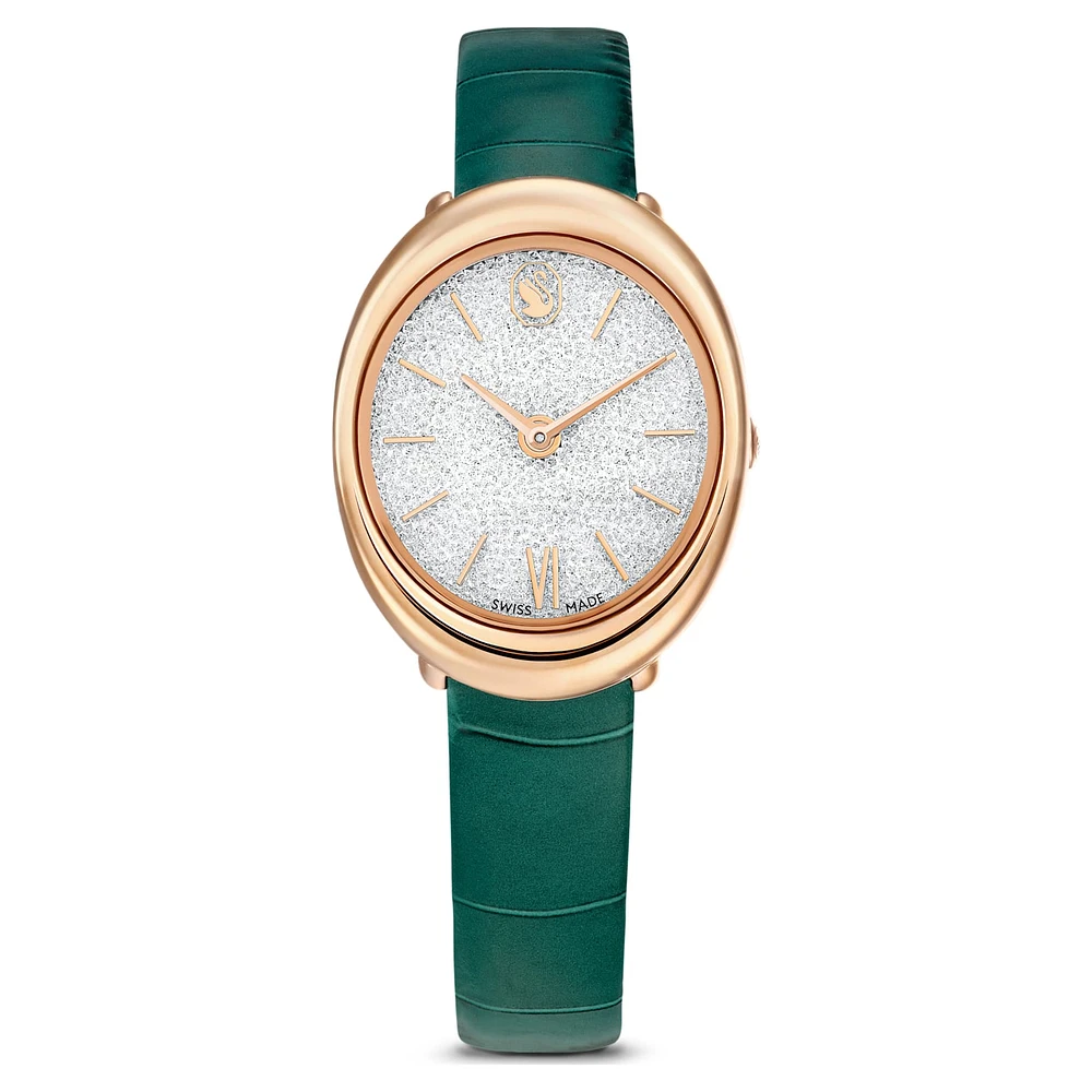 Imber watch, Swiss Made, Leather strap, Green, Rose gold-tone finish by SWAROVSKI