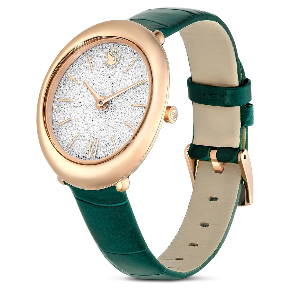 Imber watch, Swiss Made, Leather strap, Green, Rose gold-tone finish by SWAROVSKI