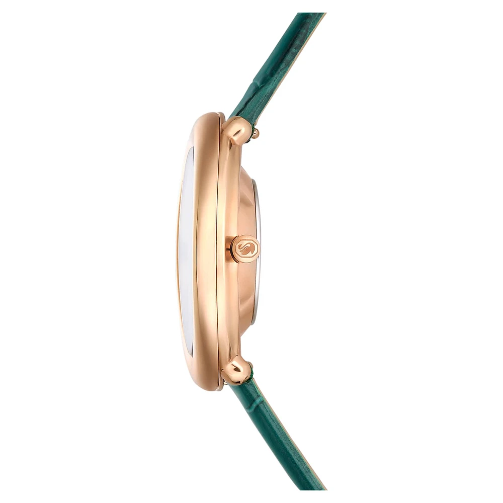 Imber watch, Swiss Made, Leather strap, Green, Rose gold-tone finish by SWAROVSKI
