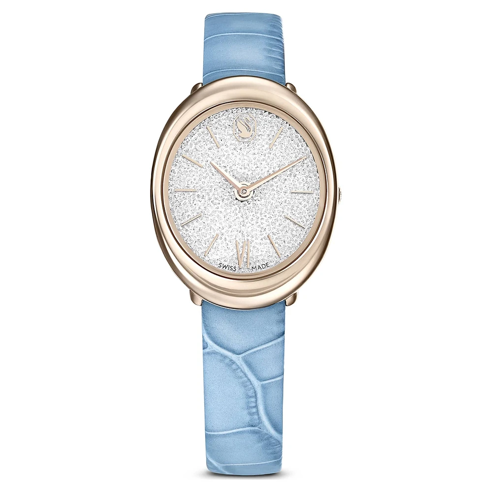 Imber watch, Swiss Made, Leather strap, Blue, Champagne gold-tone finish by SWAROVSKI