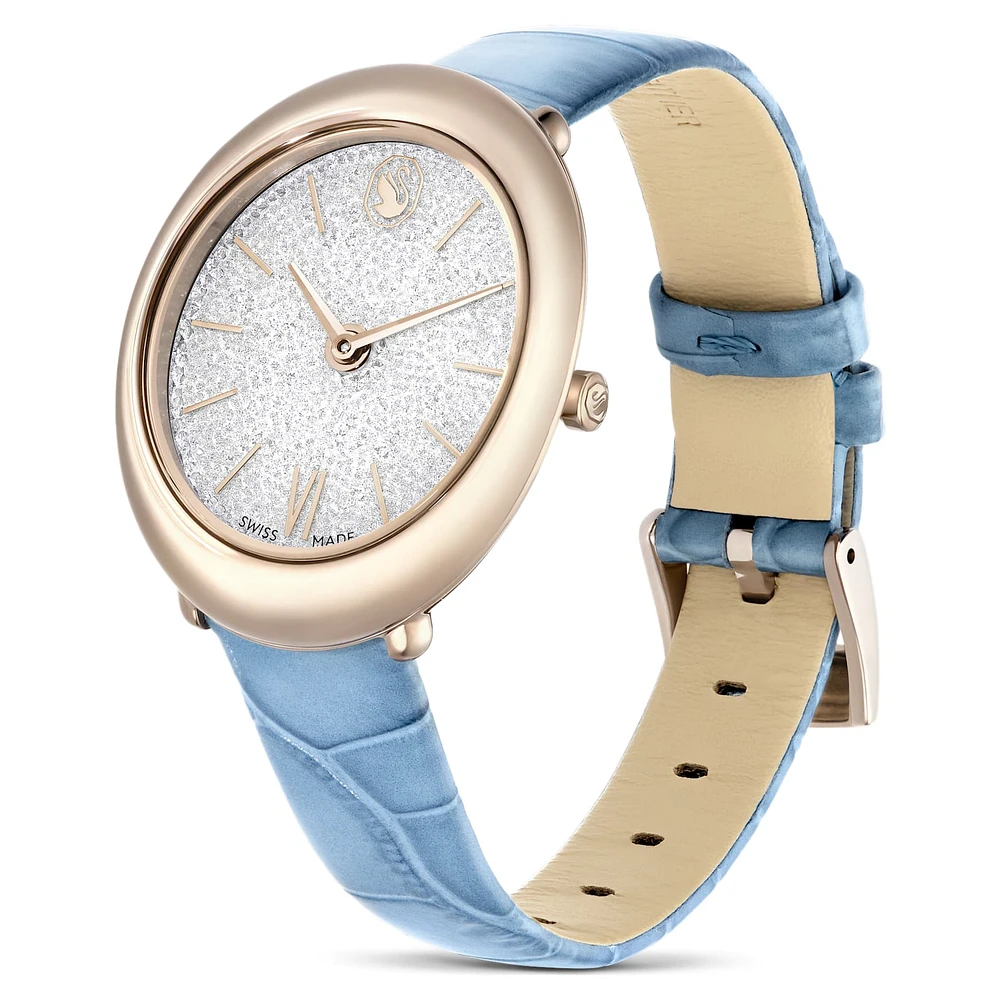 Imber watch, Swiss Made, Leather strap, Blue, Champagne gold-tone finish by SWAROVSKI