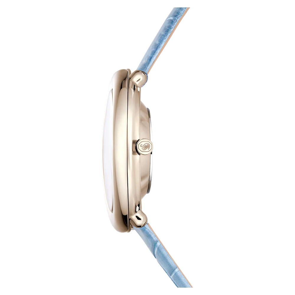 Imber oval watch, Swiss Made, Leather strap, Blue, Champagne gold-tone finish by SWAROVSKI