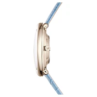 Imber oval watch, Swiss Made, Leather strap, Blue, Champagne gold-tone finish by SWAROVSKI