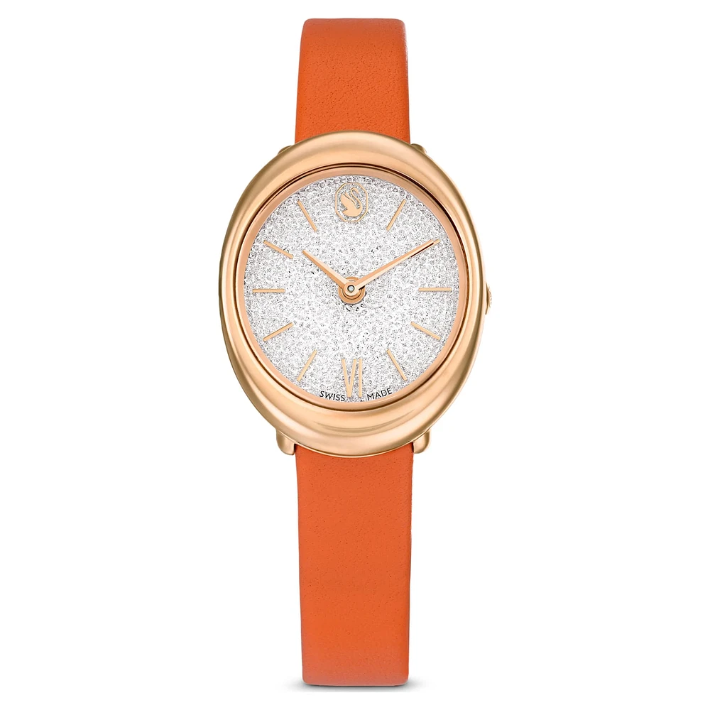 Imber watch, Swiss Made, Leather strap, Orange, Rose gold-tone finish by SWAROVSKI