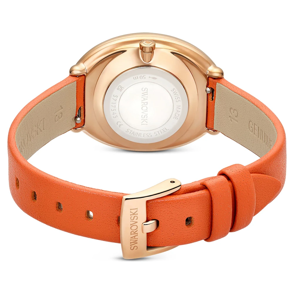 Imber watch, Swiss Made, Leather strap, Orange, Rose gold-tone finish by SWAROVSKI