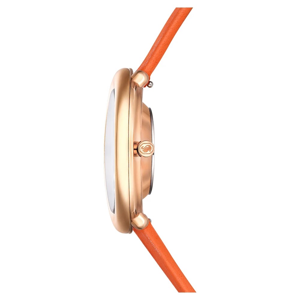 Imber watch, Swiss Made, Leather strap, Orange, Rose gold-tone finish by SWAROVSKI