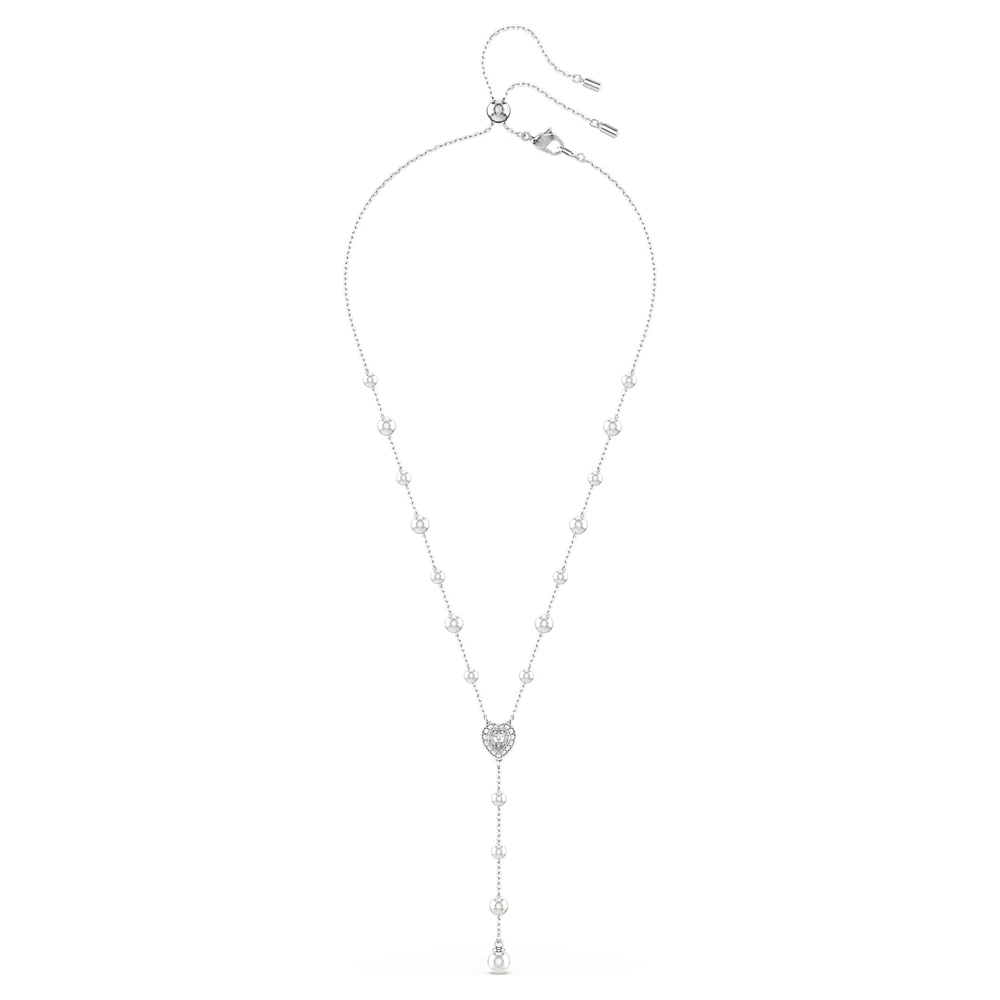 Ariana Grande x Swarovski Y necklace, Mixed cuts, Crystal pearl, Heart, White, Rhodium plated by SWAROVSKI