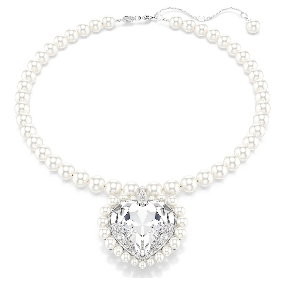 Ariana Grande x Swarovski necklace, Crystal pearl, Heart cut, Heart, White, Rhodium plated by SWAROVSKI
