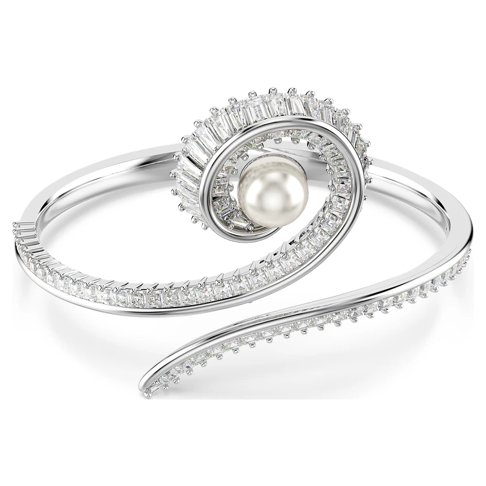 Ariana Grande x SWAROVSKI bangle, Crystal pearl, Baguette cut, White, Rhodium plated by