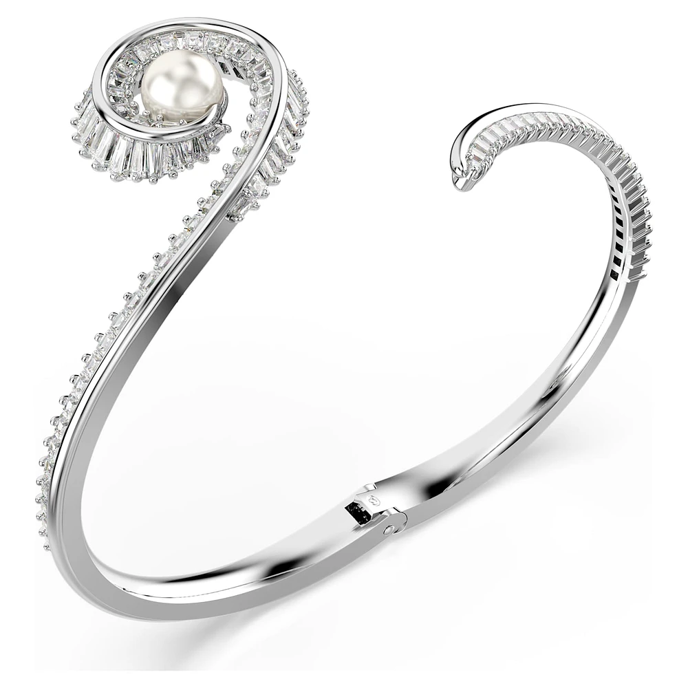 Ariana Grande x SWAROVSKI bangle, Crystal pearl, Baguette cut, White, Rhodium plated by