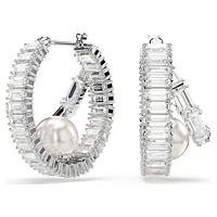 Ariana Grande x Swarovski hoop earrings, Crystal pearl, Baguette cut, White, Rhodium plated by SWAROVSKI