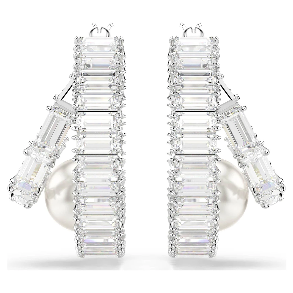 Ariana Grande x Swarovski hoop earrings, Crystal pearl, Baguette cut, White, Rhodium plated by SWAROVSKI