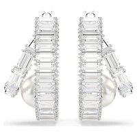 Ariana Grande x Swarovski hoop earrings, Crystal pearl, Baguette cut, White, Rhodium plated by SWAROVSKI