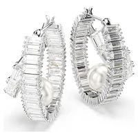 Ariana Grande x Swarovski hoop earrings, Crystal pearl, Baguette cut, White, Rhodium plated by SWAROVSKI