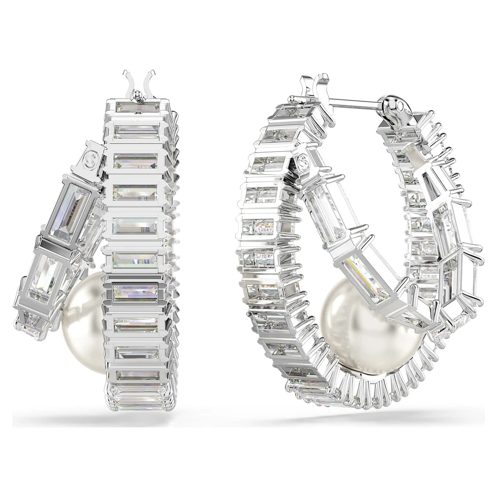 Ariana Grande x Swarovski hoop earrings, Crystal pearl, Baguette cut, White, Rhodium plated by SWAROVSKI