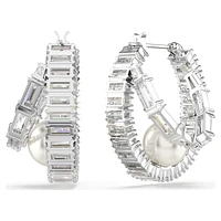 Ariana Grande x Swarovski hoop earrings, Crystal pearl, Baguette cut, White, Rhodium plated by SWAROVSKI