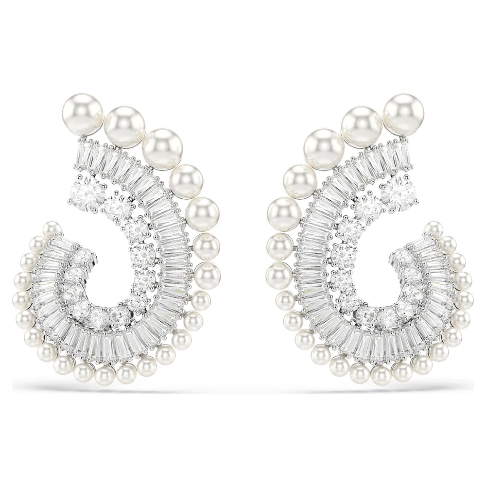 Ariana Grande x Swarovski drop earrings, Crystal pearl, Mixed cuts, White, Rhodium plated by SWAROVSKI