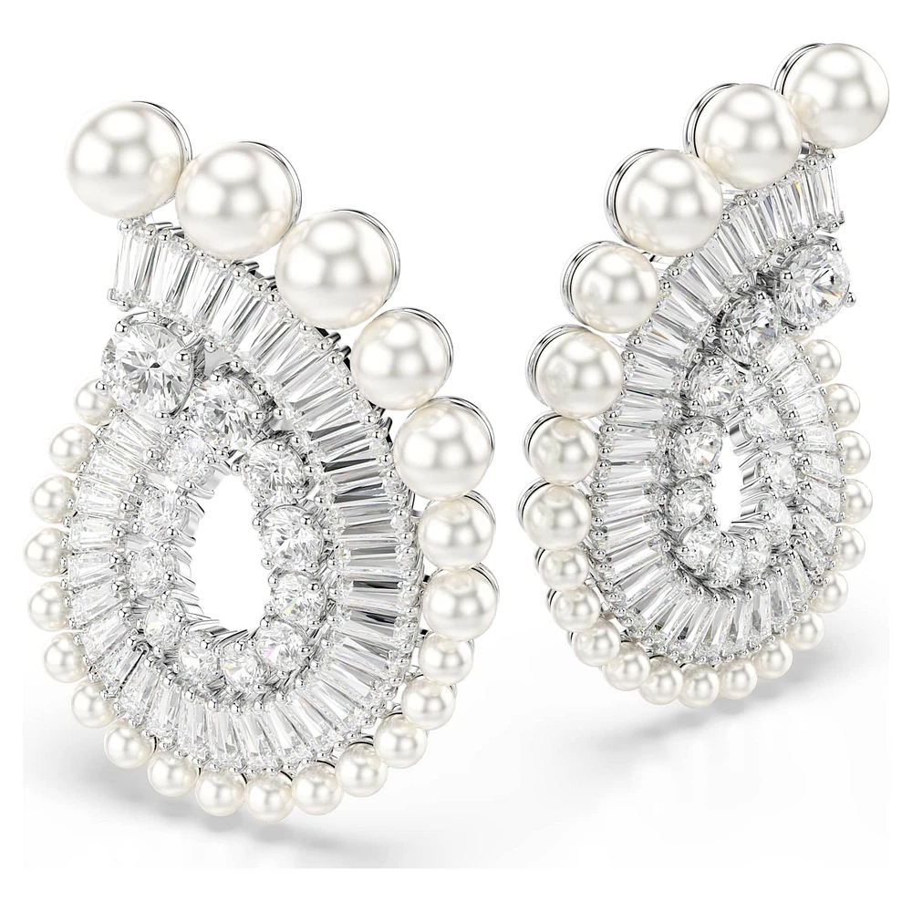 Ariana Grande x Swarovski drop earrings, Crystal pearl, Mixed cuts, White, Rhodium plated by SWAROVSKI