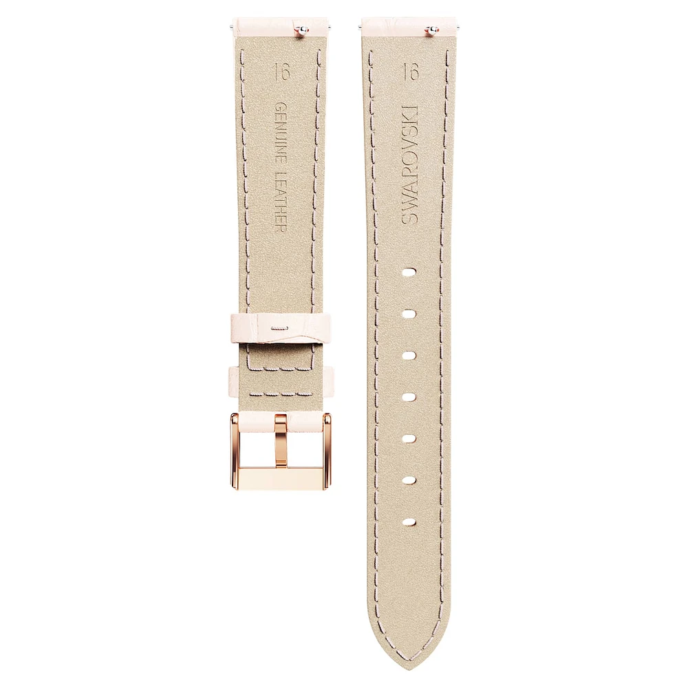 Watch strap, 16 mm (0.63") width, Leather with stitching, Pink, Rose gold-tone finish by SWAROVSKI