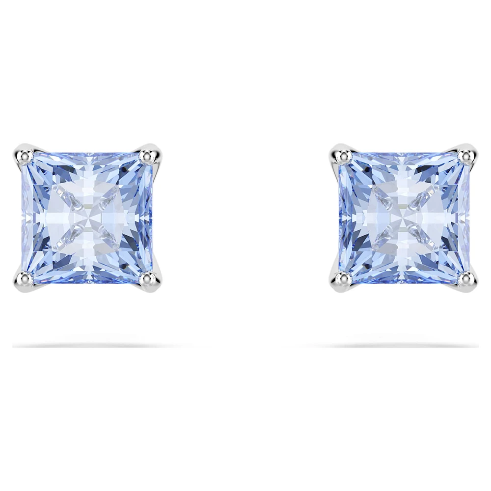 Matrix stud earrings, Square cut, Blue, Rhodium plated by SWAROVSKI
