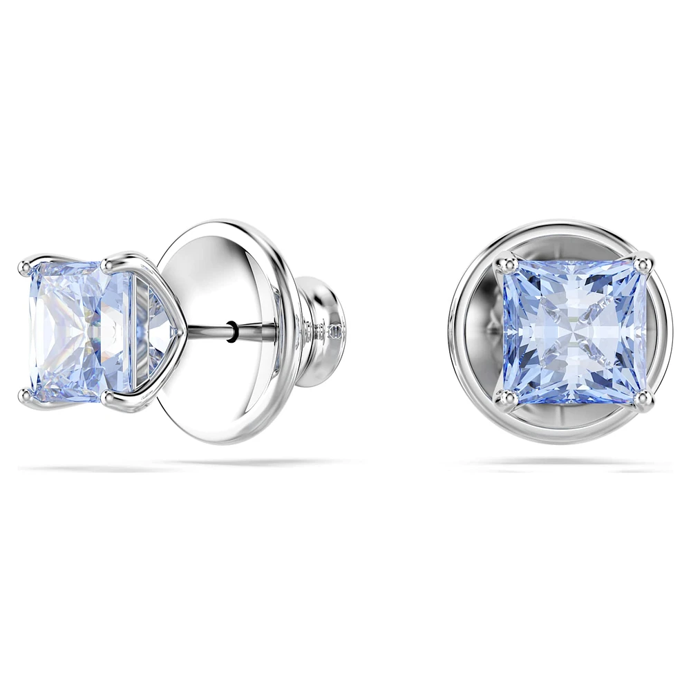 Matrix stud earrings, Square cut, Blue, Rhodium plated by SWAROVSKI