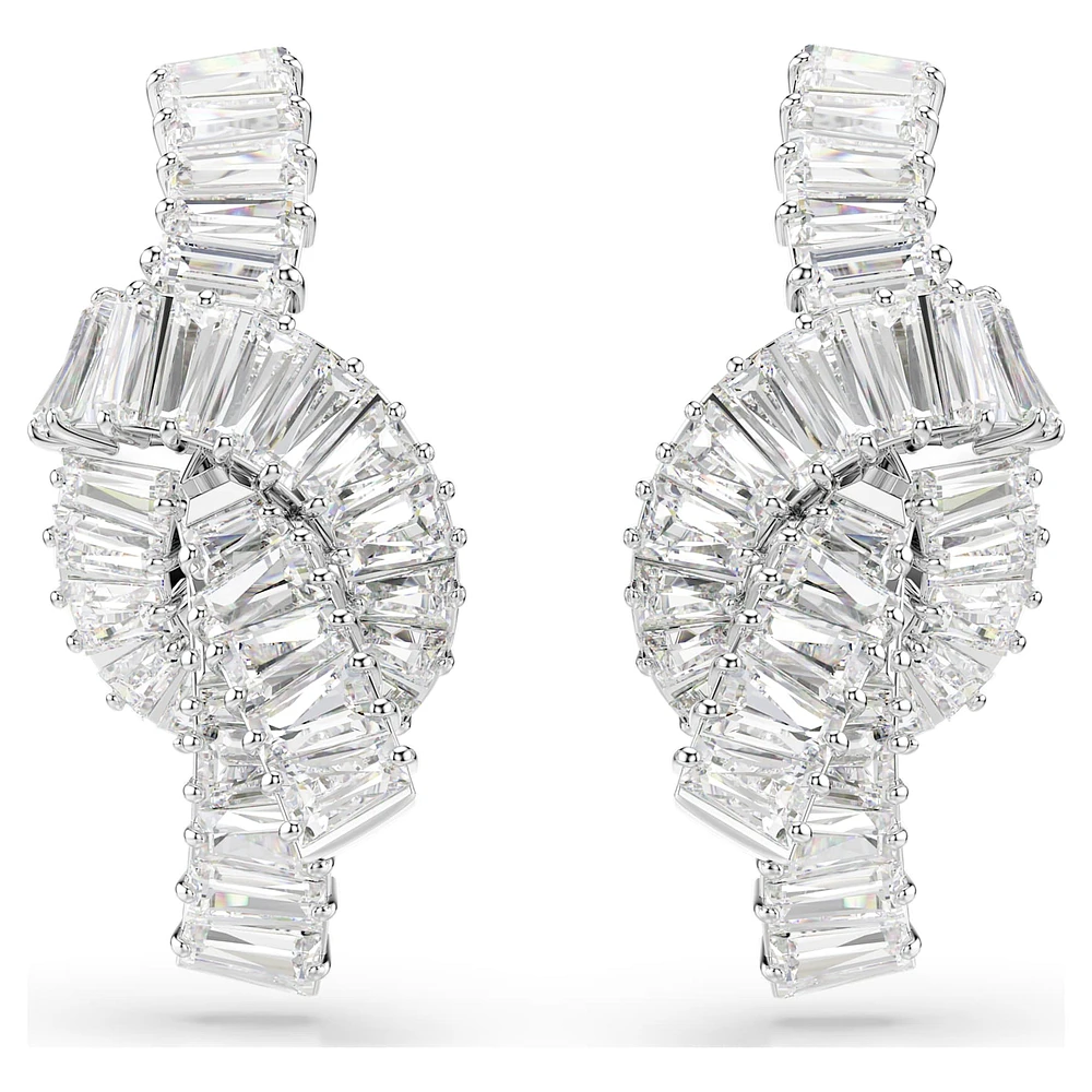 Matrix earrings, Baguette cut, Knot, White, Rhodium plated by SWAROVSKI