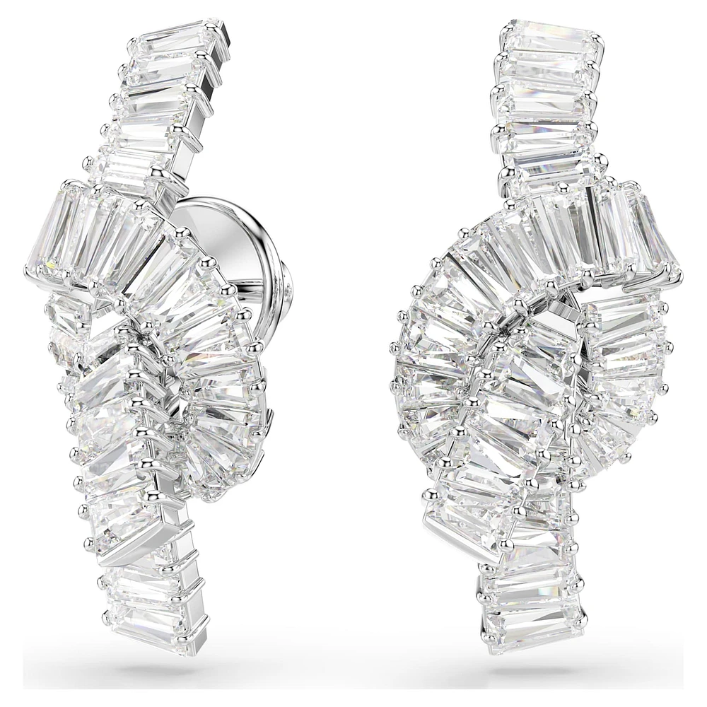 Matrix earrings, Baguette cut, Knot, White, Rhodium plated by SWAROVSKI