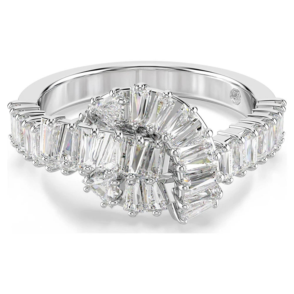 Matrix ring, Baguette cut, Knot, White, Rhodium plated by SWAROVSKI