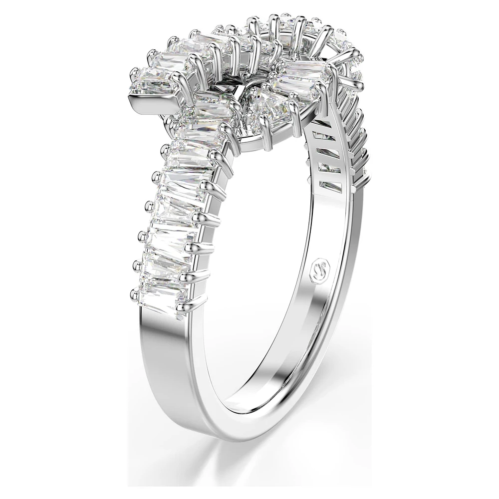 Matrix ring, Baguette cut, Knot, White, Rhodium plated by SWAROVSKI