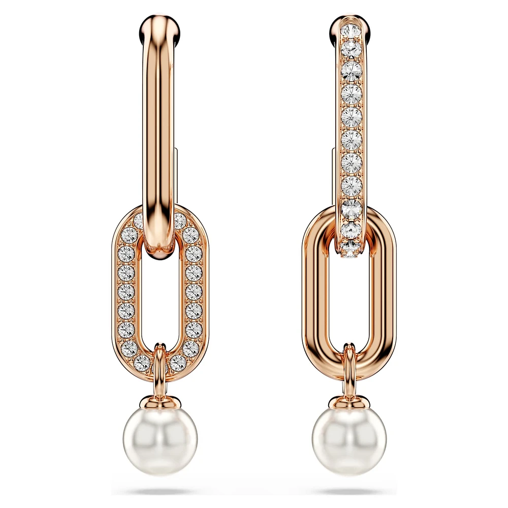 Constella drop earrings, Crystal pearl, Round cut, White, Rose gold-tone plated by SWAROVSKI