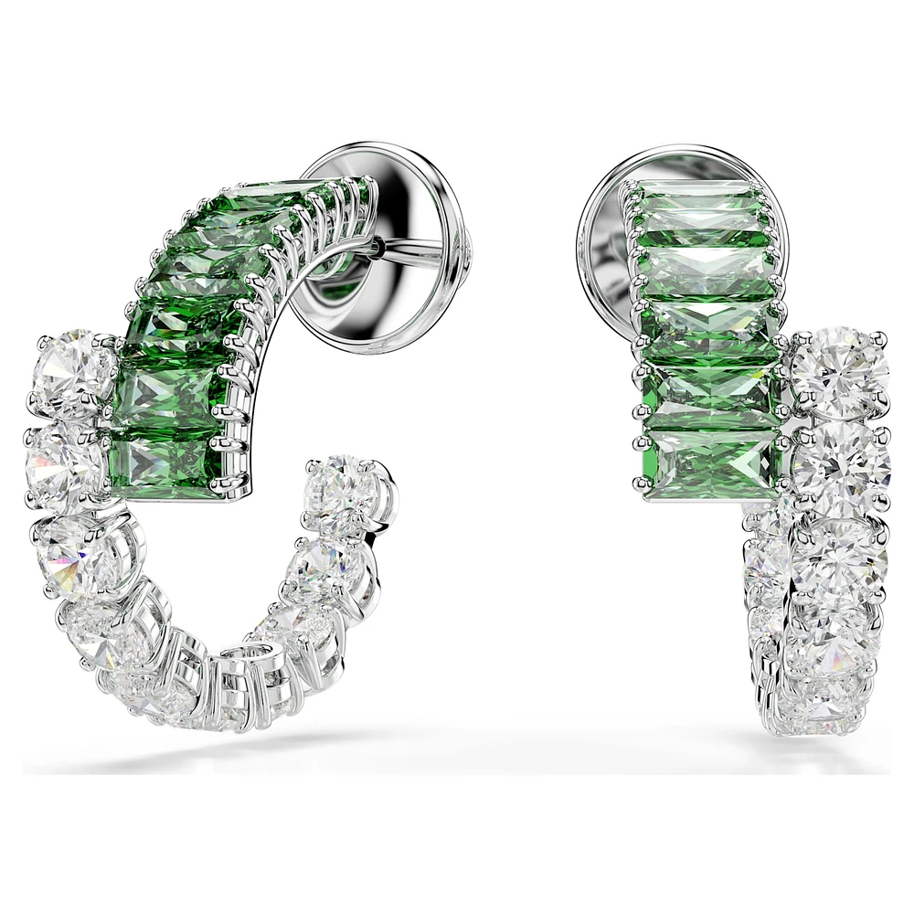 Matrix hoop earrings, Mixed cuts, Green, Rhodium plated by SWAROVSKI