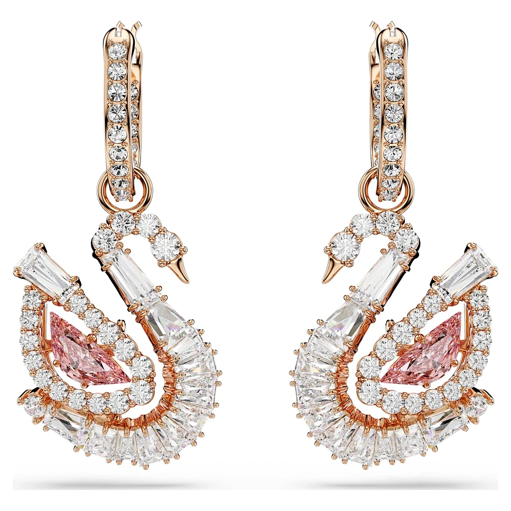 Swan drop earrings, Pavé, Swan, Pink by SWAROVSKI