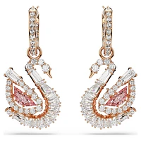 Swan drop earrings, Pavé, Swan, Pink by SWAROVSKI