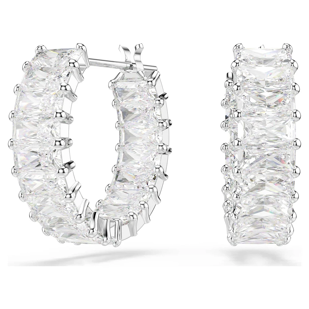 Matrix hoop earrings, Baguette cut, White, Rhodium plated by SWAROVSKI