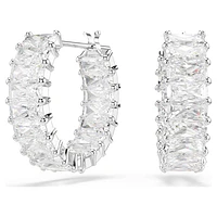 Matrix hoop earrings, Baguette cut, White, Rhodium plated by SWAROVSKI