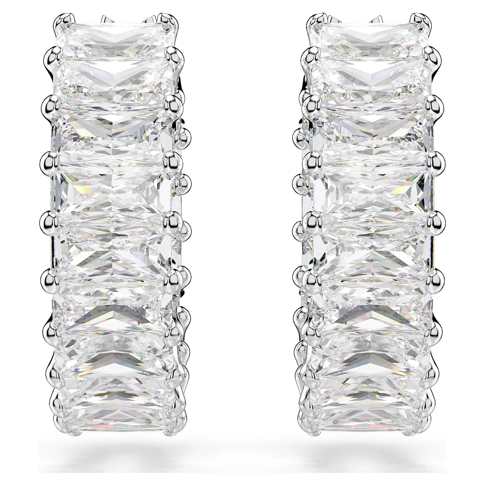 Matrix hoop earrings, Baguette cut, White, Rhodium plated by SWAROVSKI